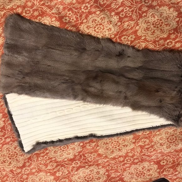 BROWN RABBIT FUR SCARF CREAM CABLE KNIT - ITALIAN MADE - Picture 1 of 7